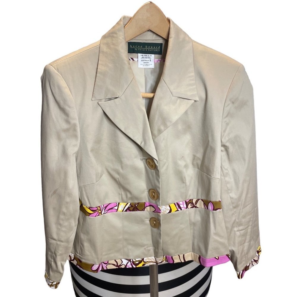 Harve Benard Khaki Buttoned Safari Colorful Detail Jacket Sz 8